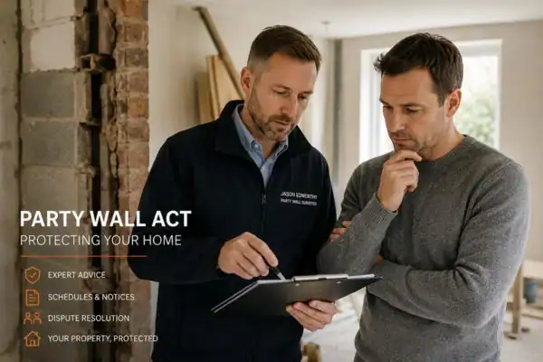 Party wall surveyor Buckinghamshire discussing extension plans with homeowner outside a UK semi-detached house.